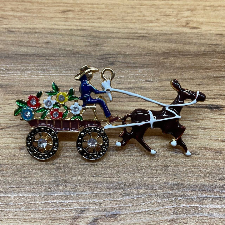 Брошь Осел с повозкой с цветами эмаль цветная металл золотистый
