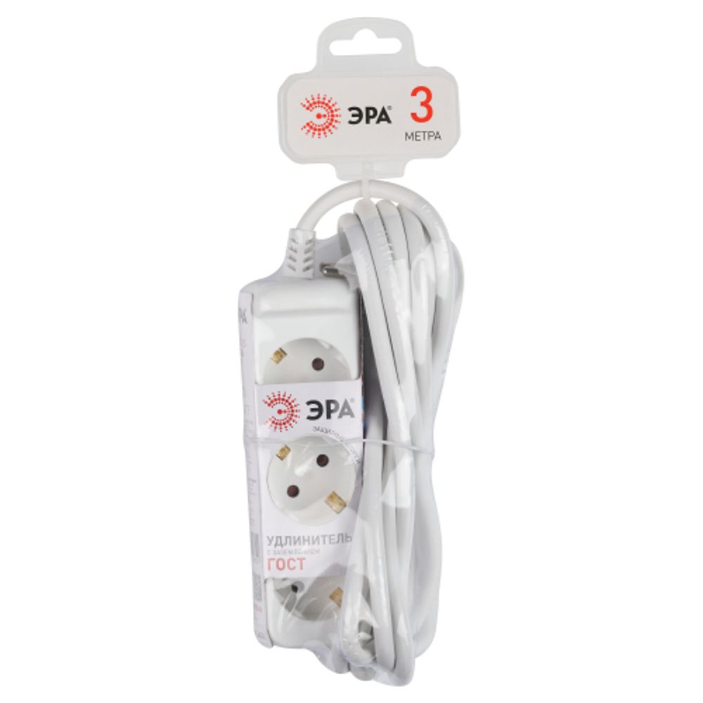 Удлинитель электрический ЭРА U-3e-3m-3x1,5 с заземлением 3 розетки 3м ПВС 3x1,5мм2 16А