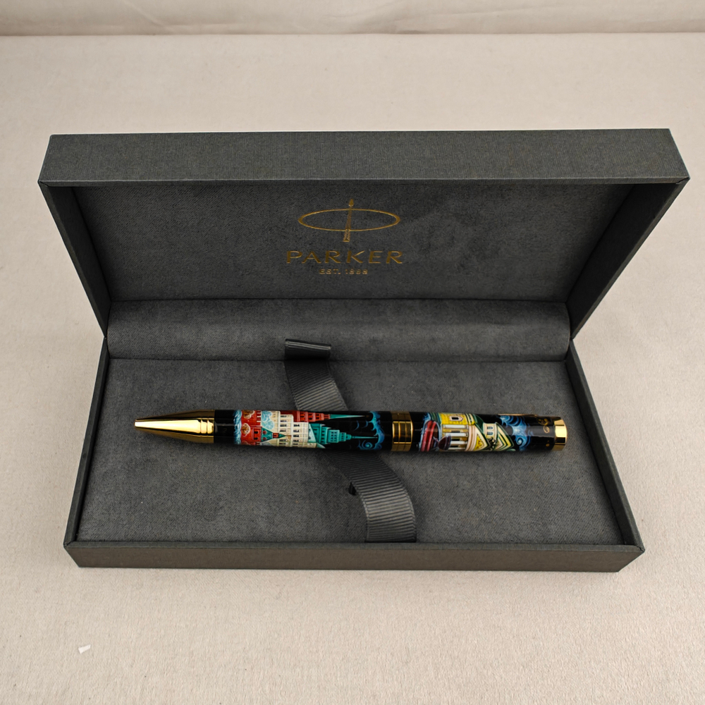 Коллекционная шариковая ручка Parker "Ingenuity Black GT" с поворотным механизмом "Москва" с ручной росписью в коробке