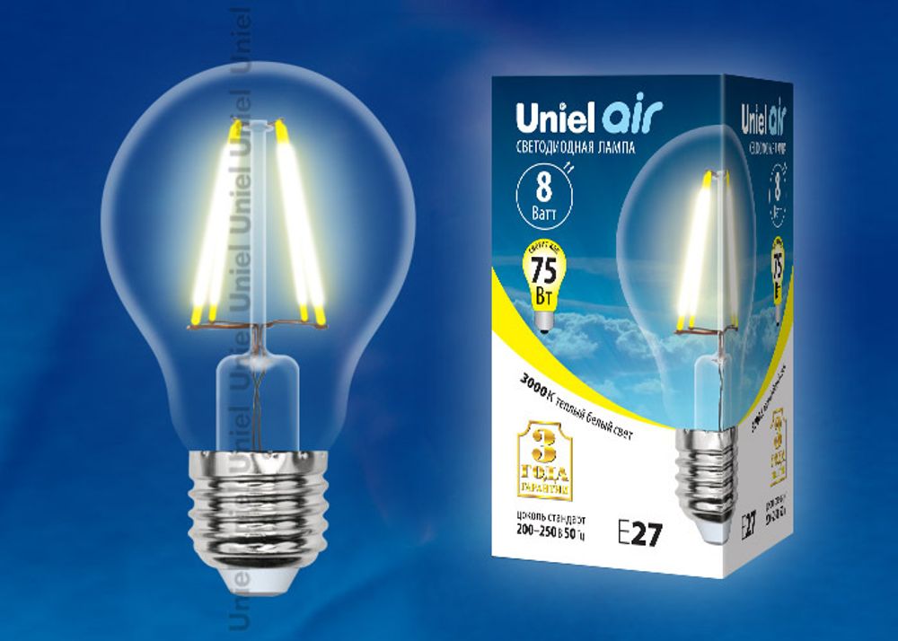 LED-A60-8W/WW/E27/CL GLA01TR Лампа светодиодная. Форма A, прозрачная. Серия Air. Теплый белый свет (3000K). Картон. ТМ Uniel