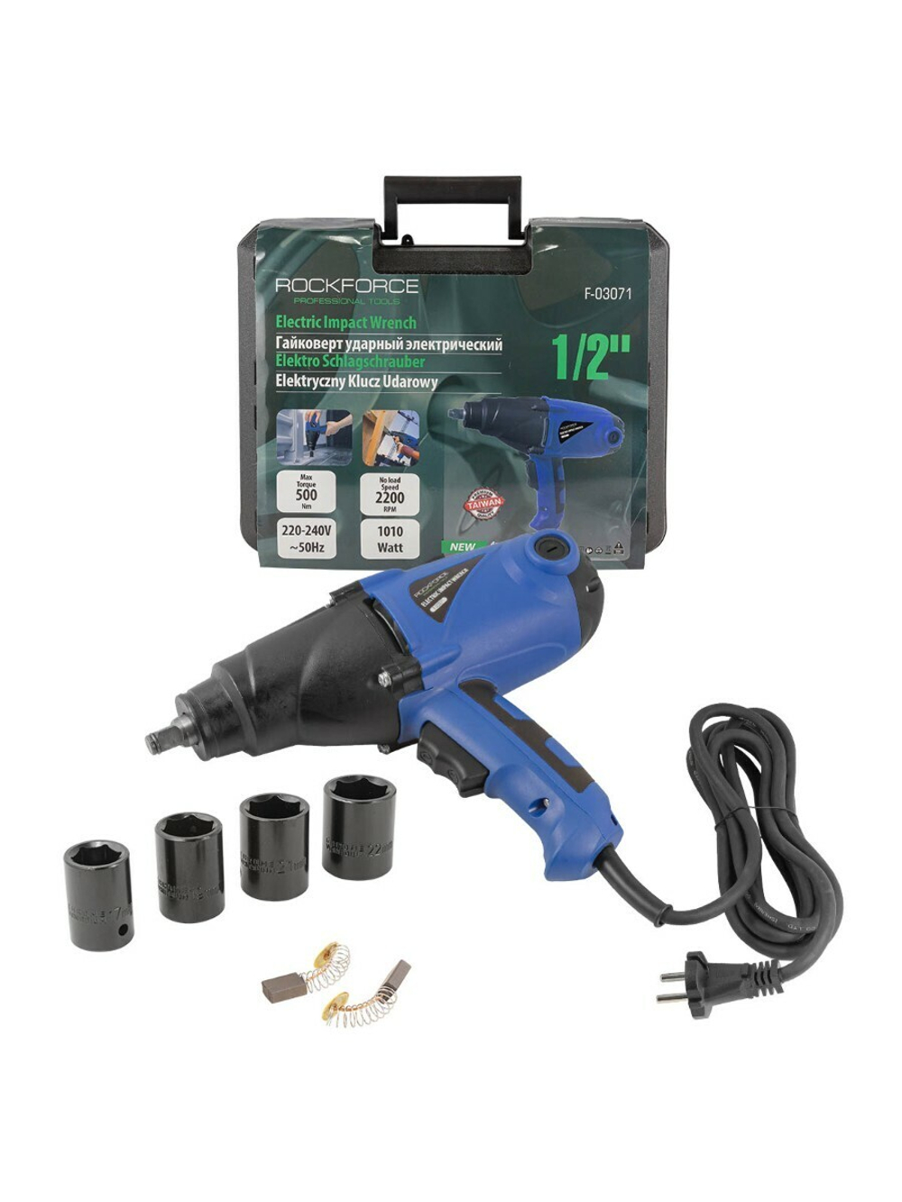 Гайковерт ударный электрический 1/2''(230V, 1020W, 600Нм) с комплектом головок (17, 19, 21, 23мм) RockForce##Rock FORCE RF-03071 ( 50167к)