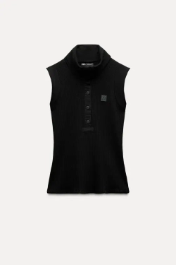 ZARA ТОП В РУБЧИК С НАШИВКОЙ, ЧЕРНЫЙ
