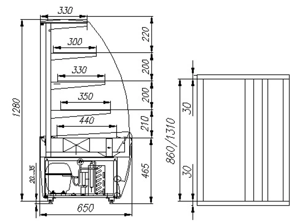 Витрина кондитерская Полюс K70 VM 1,3-1 LIGHT (ВХСв - 1,3д Carboma)