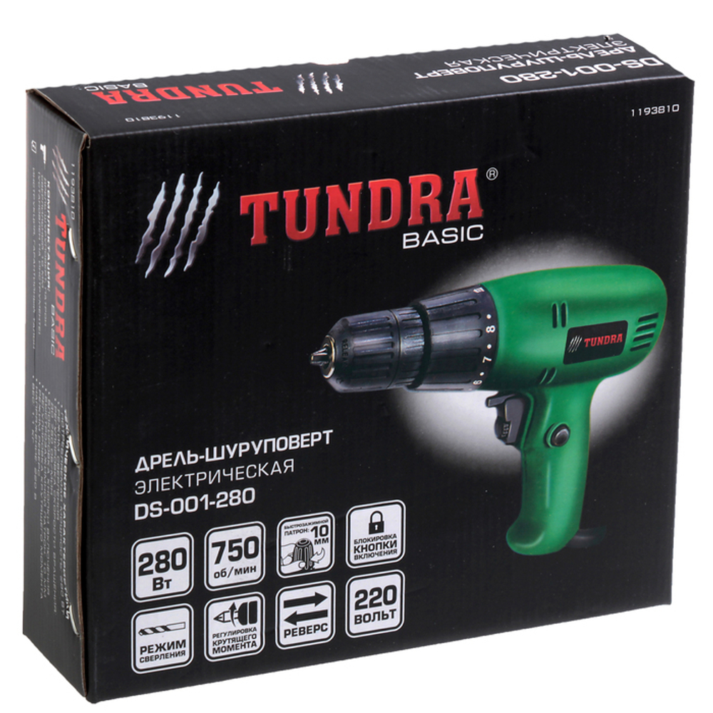 Дрель-шуруповерт TUNDRA basic, электрич., 280W, 0-750 об/мин, б/з патрон, DS-001-280 1193810