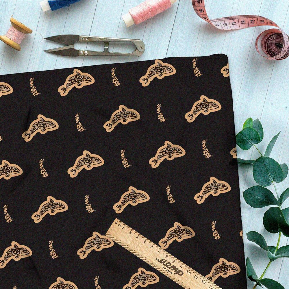 Ткань шелк Армани песчаные акулы на чёрном фоне