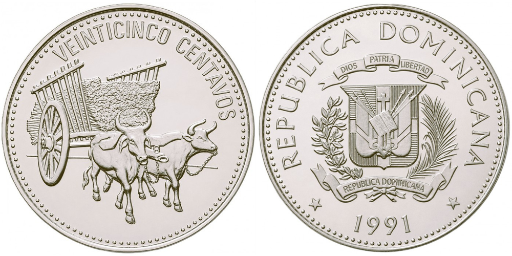 Доминикана 25 сентаво, 1989 - 1991 Быки XF