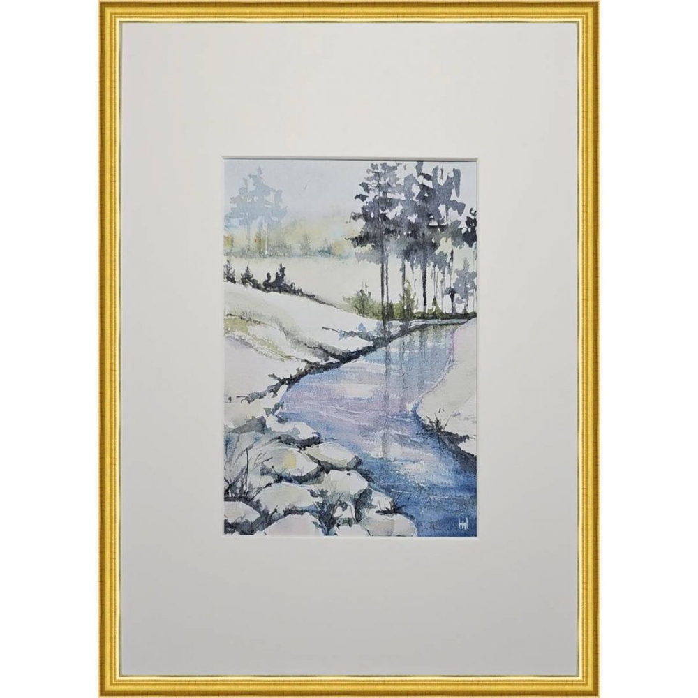 Картина авторская акварельная в паспарту 21х30 см на стену для интерьера "Речка"