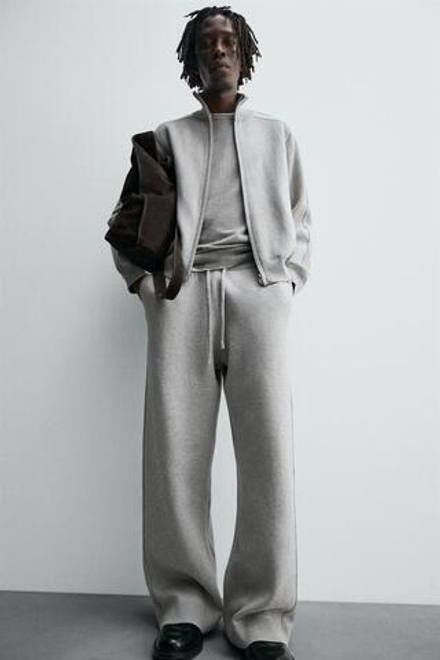 ZARA ШИРОКИЕ ТРИКОТАЖНЫЕ БРЮКИ, СЕРЫЙ МЕЛАНЖ