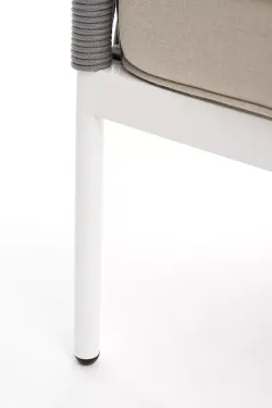 "Канны" диван 3-местный плетеный из роупа, каркас алюминий белый муар, роуп светло-серый круглый, ткань бежевая 15052