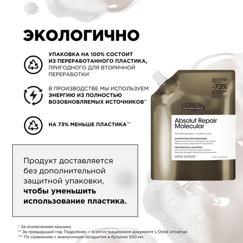 L'Oreal Professionnel Absolut Repair Molecular шампунь для молекулярного восстановления волос, сменный блок, 500мл.