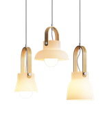 Pendant design lamp made of glass with a wooden rim