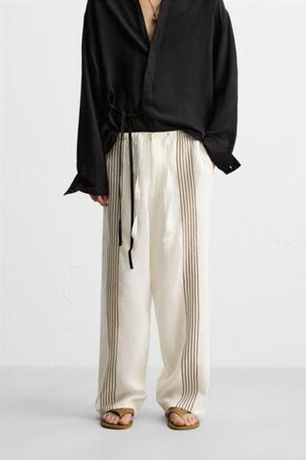 ZARA БРЮКИ ИЗ 100% ЛЬНА С ВЫШИВКОЙ, ЖЕЛТОВАТО-БЕЛЫЙ