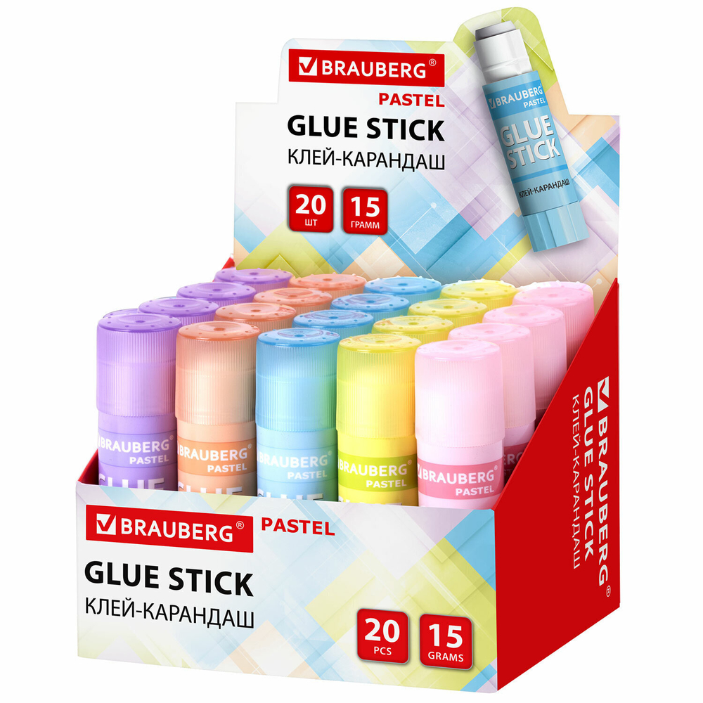 Клей-карандаш в пастельном корпусе BRAUBERG PASTEL 15 г PVP-основа ассорти (20 штук в упаковке)
