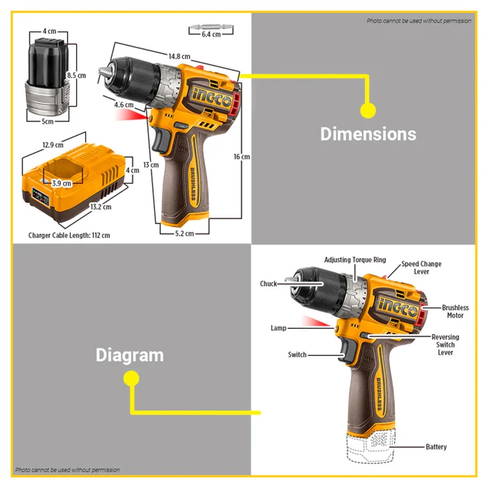 Аккумуляторный бесщеточный шуруповерт INGCO COSLI240786 INDUSTRIAL 16 В 60 Нм 22+1