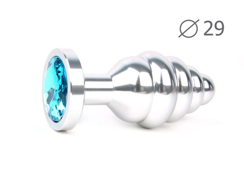 Коническая ребристая серебристая анальная втулка с голубым кристаллом - 7,1 см. (Цвет: голубой)