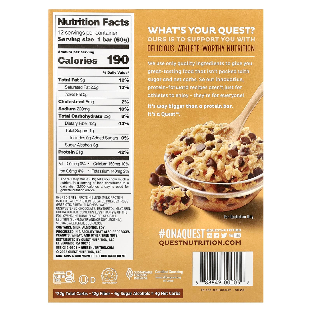 Quest Nutrition, Протеиновый батончик, шоколадная крошка, песочное тесто, 12 штук, 2,12 унц. (60 г) каждый