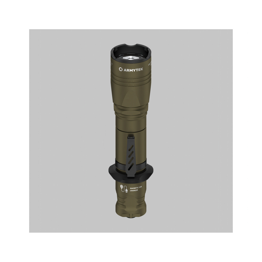 Фонарь Armytek Dobermann Pro Magnet USB Olive XHP35 HI тёплый — высокая яркость и дальность света: 1400 люмен и дальность до 363 метров