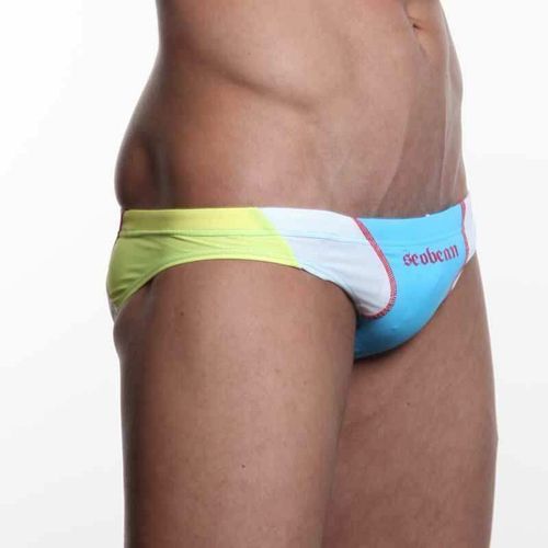 Мужские плавки брифы голубые с желтыми вставками Seobean Swim Brief