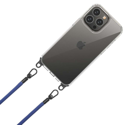 Противоударный прозрачный чехол на iPhone 15 Pro, толстый темно-синий шнурок на шею