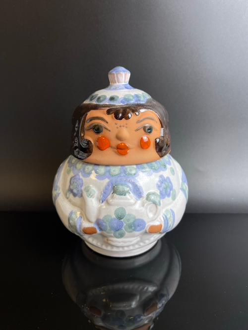 Чайница Баба с чайником матрёшка. Керамика майолика. СССР