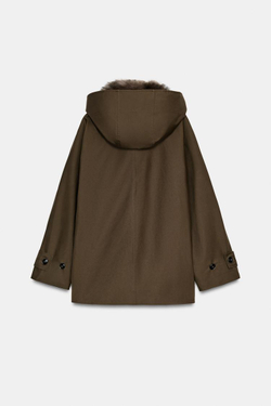 ZARA КОРОТКИЙ ТРЕНЧ С МЕХОВЫМ ВОРОТНИКОМ — ZW COLLECTION, ТЕМНЫЙ ХАКИ