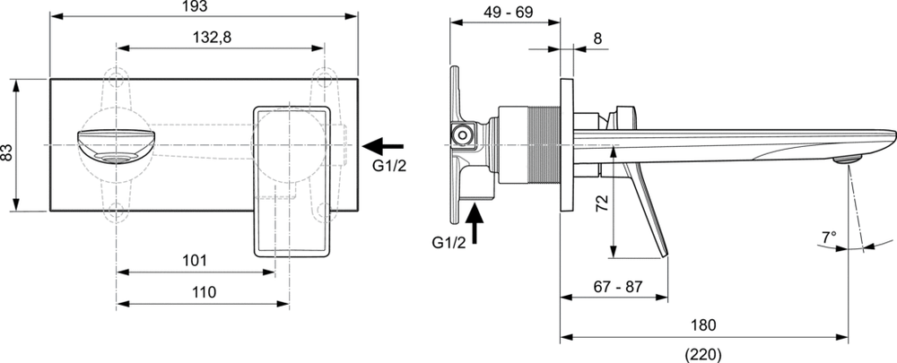 Встраиваемый смеситель Ideal Standard Conca для умывальника, излив 180мм, цвет - Magnetic Grey / Магнит