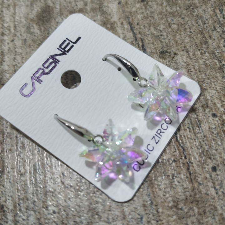 Серьги-петли Cubic Zirconia подвеска звездочка 6 кристаллов цвет белый перламутровый металл серебристый