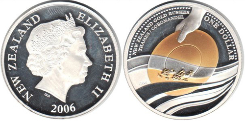 1 доллар 2006 год. Золотая лихорадка Добыча золота. Новая Зеландия. Серебро