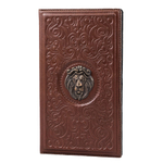 Стильная подарочная коричневая настольная визитница российского производства ручной работы из качественной натуральной кожи с тиснением и латунной литой накладкой «Лев» А60405 на 160 визиток