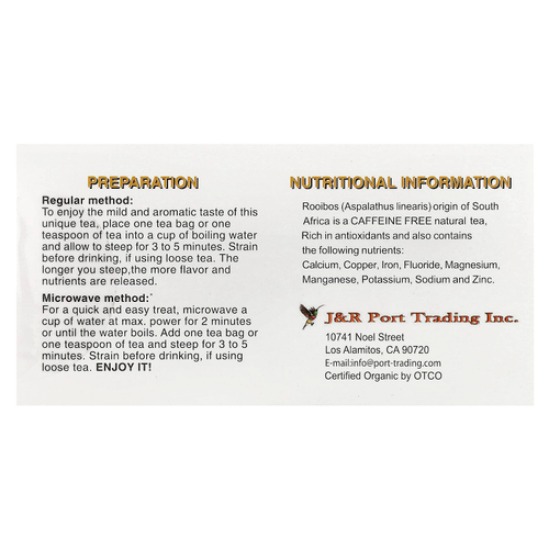 J&R Port Trading, красный чай ройбуш, без кофеина, 20 чайных пакетиков, 50 г (1,765 унции)