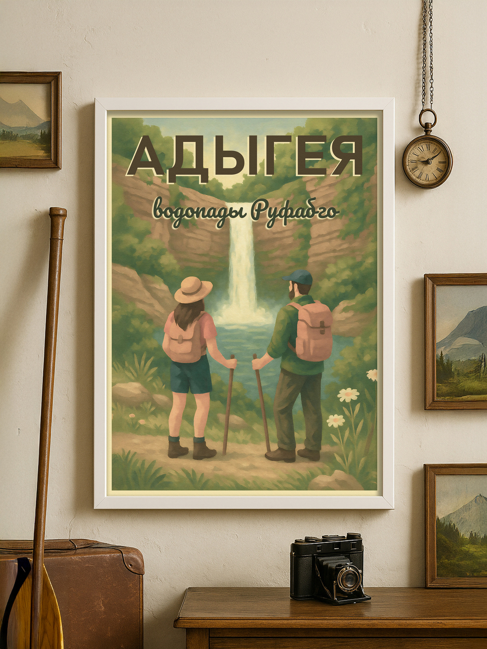 Постер «Адыгея. Водопады Руфабго» — ретро-пейзаж туристического маршрута