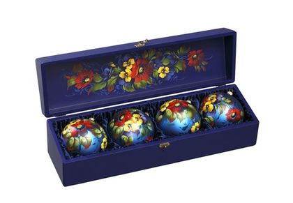 Zhostovo Christmas balls in wooden box - set of 4 balls SET04D-667785825