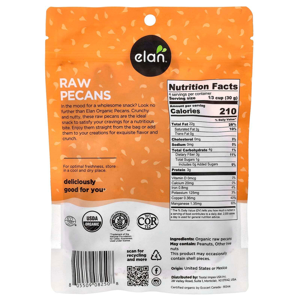 Elan, Органические орехи пекан, необработанные, 125 г (4,4 унции)