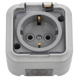 Розетка накладная с крышкой, влагозащищённая с заземлением "ПРАЛЕСКА АКВА", серый/прозрачный
