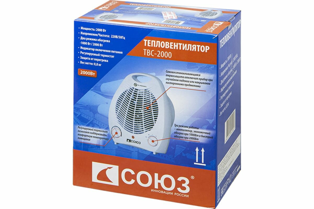 Тепловентилятор Союз ТВС-2000, белый, спиральный нагреватель, механическое управление