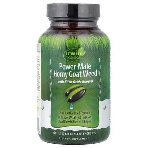 Irwin Naturals, Power-Male Horny Goat Weed, с бустером оксида азота, 60 желатиновых капсул