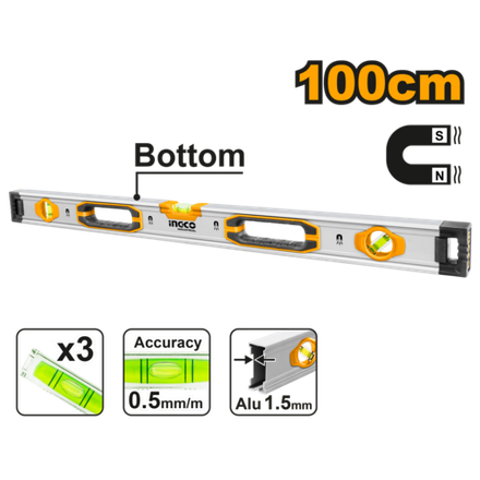 Строительный алюминиевый уровень магнитный INGCO HSL38100M INDUSTRIAL 100 см