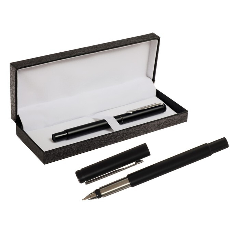 Ручка подарочная перьевая в кожзам футляре ПБ N, корпус черный с серебром   9129128