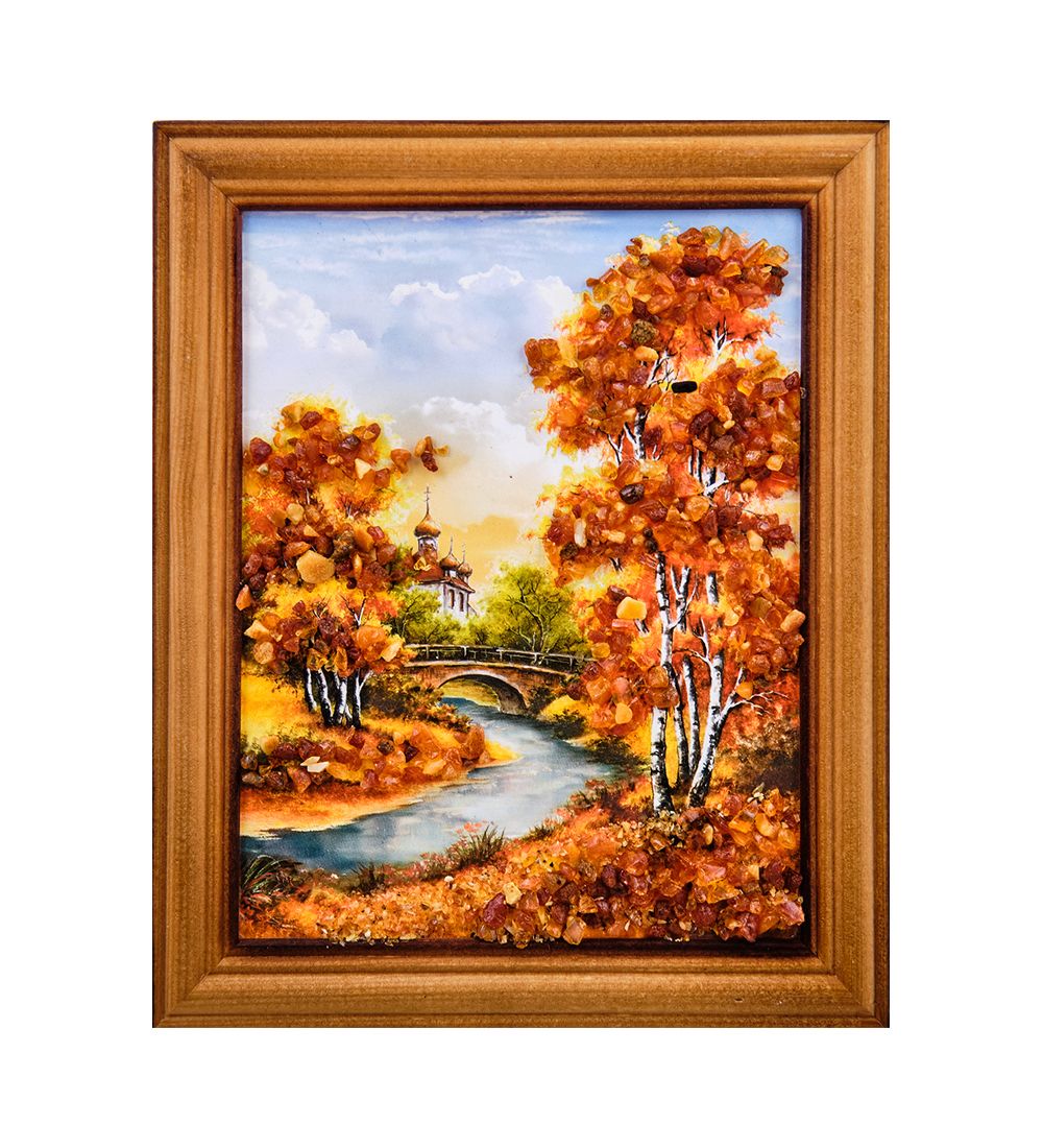 AMB-74/64 Картина «Церквушка в лесу» (с янтарной крошкой) дер.краш.рамка 12х15