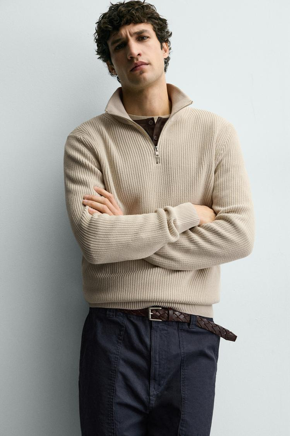 ZARA ДЖЕМПЕР ВЯЗАНЫЙ ЖЕМЧУЖНЫМ УЗОРОМ С ВОРОТНИКОМ НА МОЛНИИ, ЦВЕТ СЛОНОВОЙ КОСТИ