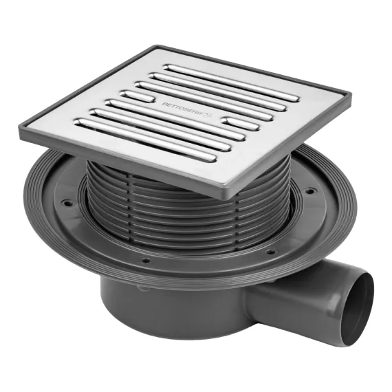 Трап горизонатальный BETTOSERB Superior Quadro нержавеющая сталь с угловым выпуском 50мм 150*150мм 40995