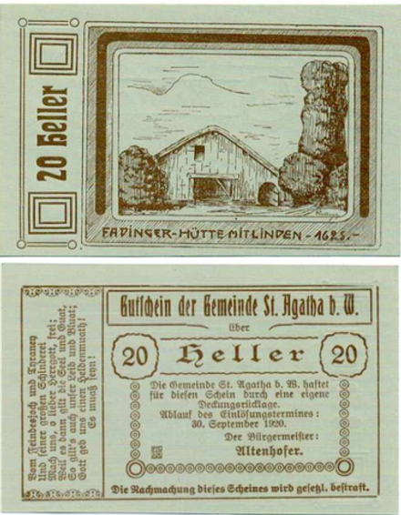 Австрия 20 геллеров 1920 Санкт-Агата aUNC