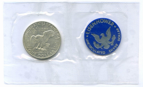 1 доллар 1971 год (S). США. Эйзенхауэр. Серебро, диаметр 38.1 мм. UNC с жетоном в родной запайке и конверте