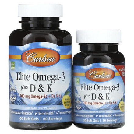 Витамин D Carlson, Elite Omega-3 с витаминами D и K, натуральный лимонный вкус, 60 (+ 30 бонусных) мягких капсул