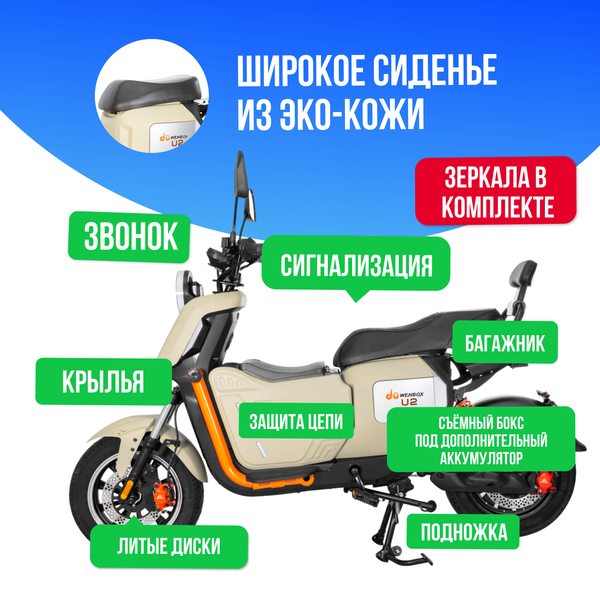 Электроскутер WENBOX U2 PRO 1500W (60V/30Ah) - Бежевый фото №3