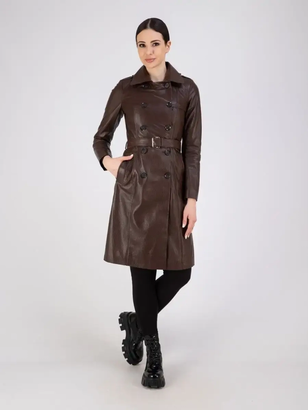 Тренч длинный кожаный с поясом плащ на весну