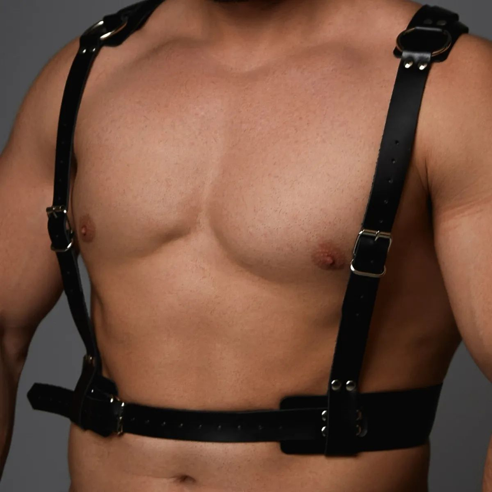 Черная кожаная мужская портупея с регулируемыми ремешками (Цвет: черный)