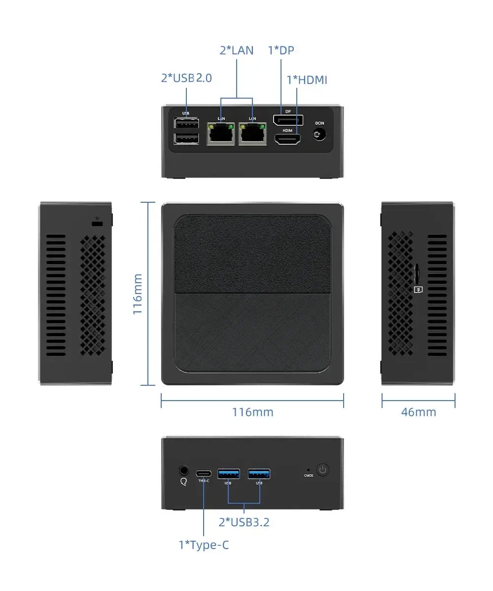 Мини-ПК TexHoo Intel N100 двухдиапазонный WiFi5 BT4.2 HDMI DP, 2хLAN, 8G DDR4 512G NVMe