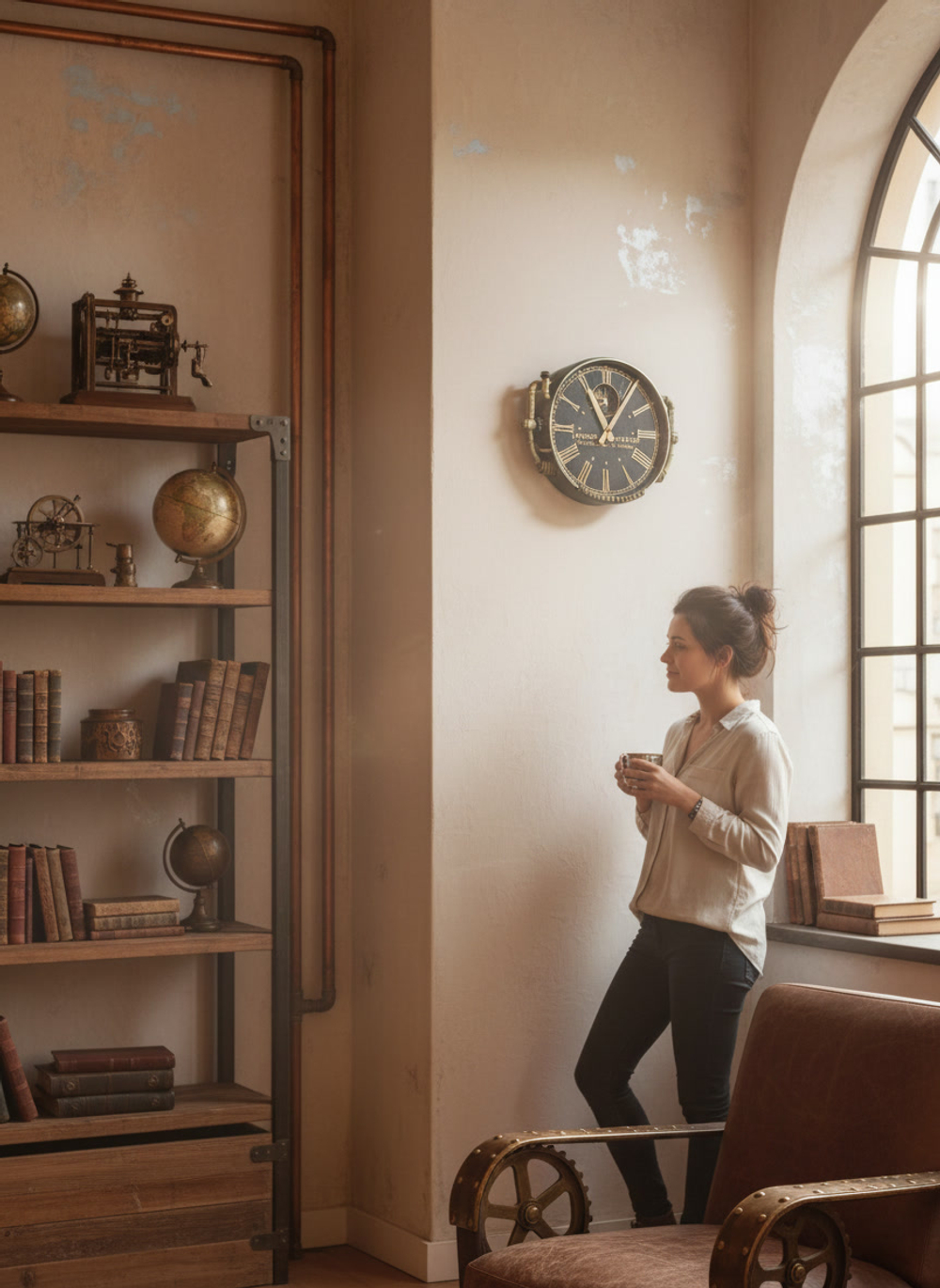 Настенные часы Oriental Express WOODandROOT в светлом жилом интерьере, акцентный объект на стене у окна