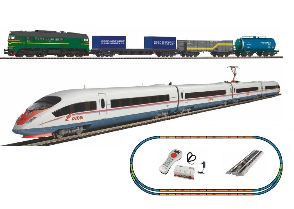 Цифровой набор со звуком: Сапсан + Грузовой поезд с тепловозом М62, PIKO SmartControl light (PIKO 97940, 97927), рельсы на подожке